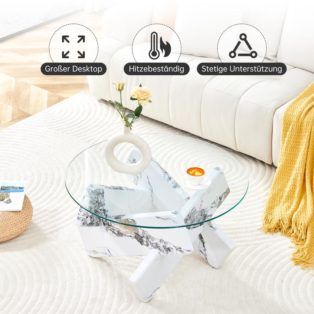Multi-Color Optional MDF + Glass Round Coffee Table: White Imitation Marble Patterned Support Legs, 79cm Diameter, 0.8cm Thick Tempered Glass Surface.