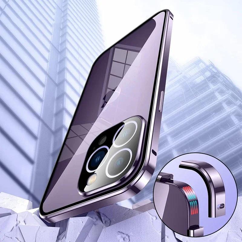 360° magnetické adsorpční kovové pouzdro pro iPhone 16 15 14 Plus 13 12 11 Pro Max Ochrana objektivu fotoaparátu Oboustranný skleněný kryt telefonu