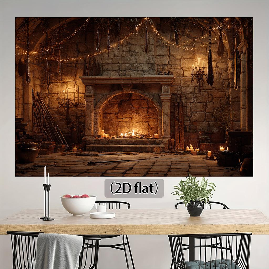 1 pezzo di tessuto di sfondo per banner a tema Halloween piatto 2D, design camino del castello, decorazione di Halloween, non richiede alimentazione——sjs
