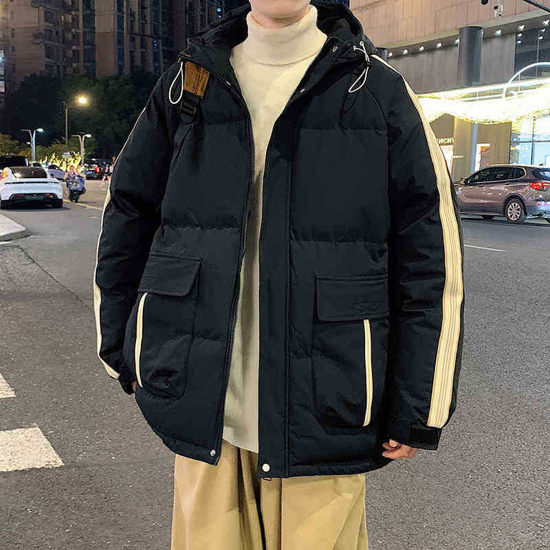 Side Striped Down Cotton Jacket for Men In Autumn and Winter Plus Velvet Thickened Workwear Large Pocket Cotton Jacket