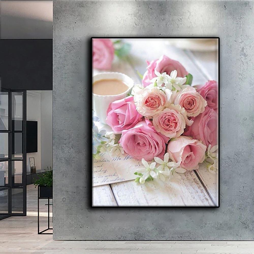 Pictură cu diamant DIY 5D, trandafiri roz, kit cu punct de cruce, broderie completă, mozaic, artă, imagine, cadou cu strasuri