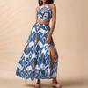 New Vacation Print Elegant Two-piece Set Sling Sleeveless Top and Slit Skirt sets Women