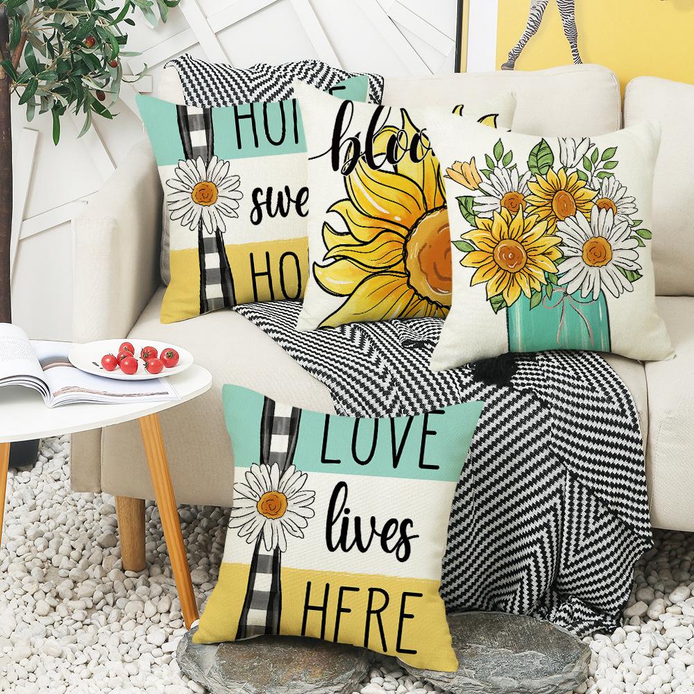 Sunflower Print Cushion Cover Pillow Cover Daisy Print Cushion Cover Linen Print Cushion Cover Living Room Print Cushion Cover