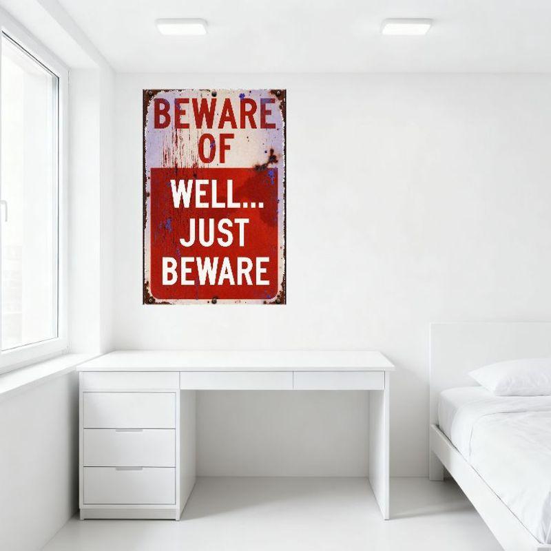 Vintage BEWARE Metal Tin Sign Rustic Warning Wall Plaque Home Bar Cafe Man Cave Decor with Blue Paint Splatters & Rust Stains