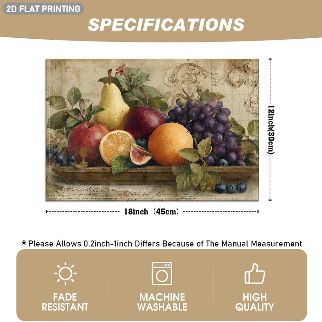 4pcs/6pcs Placemats Suitable for Indoor Dining Table Decor - Apple Pear Orange Grape Blueberry Fruit Table, Rectangular Kitchen Table Protectors with