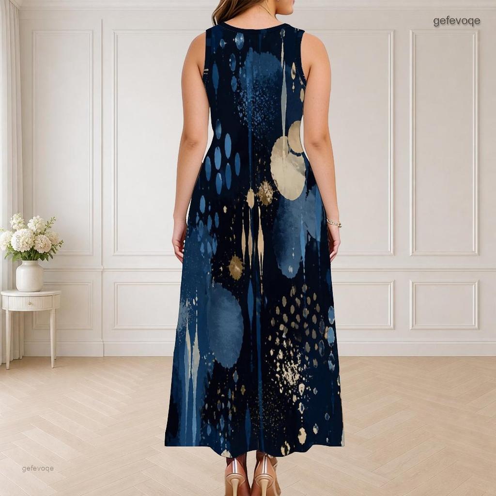 Women Plus Size Round Neck Triple Keyhole Cutout Sleeveless Printed Navy Blue Long Dress