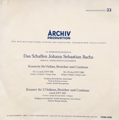 LP Plaat JOHANN SEBASTIAN BACH WOLFGANG SC Konzerte Fr Violine Streicher Und 14086APM Archiv Produkti 1957 Duitsland Klassiek Gebruikt