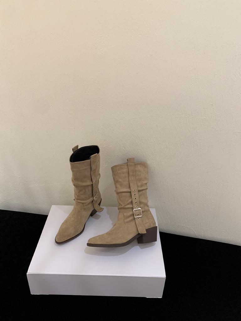 Western Cowboy Boots Women's European and American Spice Girls Vintage Belt Buckle Pointed Mid Boots Small Thick Heel Chelsea Boots Women