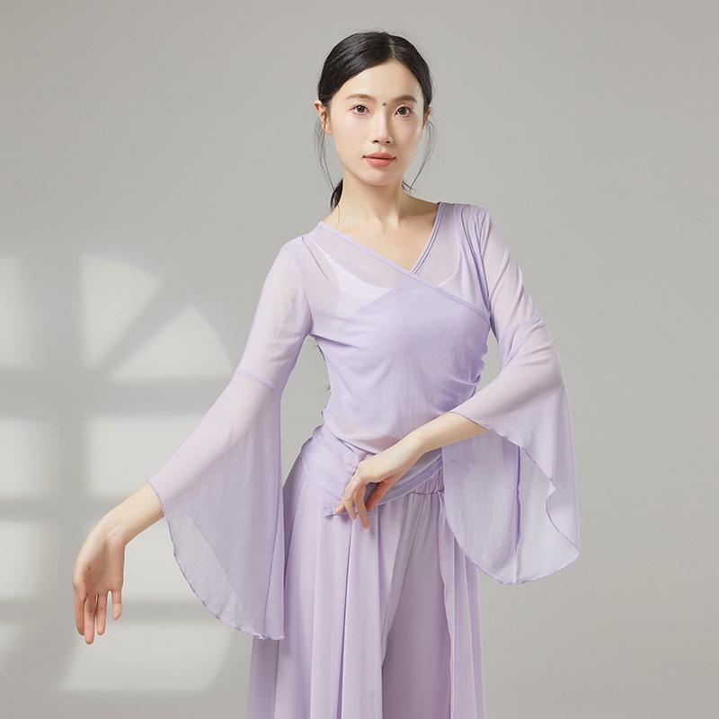 Classical Dance Mesh Women Flared Sleeve Shirt Training Performance Competition Costume Flowy Chinese Folk Dancewear Hanfu