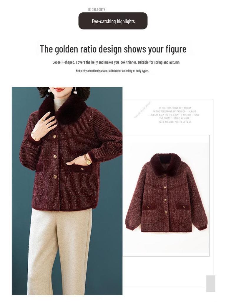 Women's Stylish Winter Coat: Middle-aged and Elderly Imitation Mink Velvet Woollen Thick Knit Cardigan Top