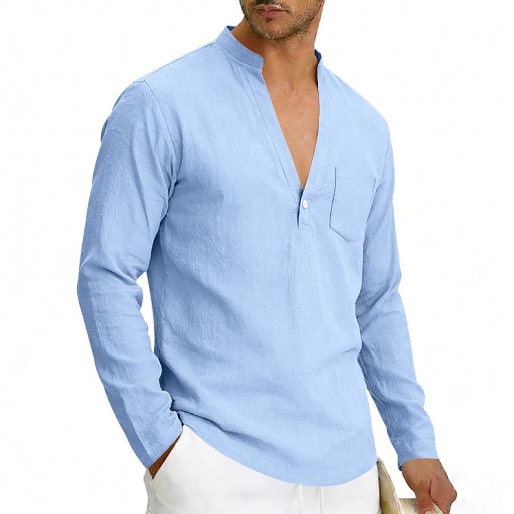 Camisa Henley Casual de Lino Transpirable de Manga Larga Holgada para Hombre