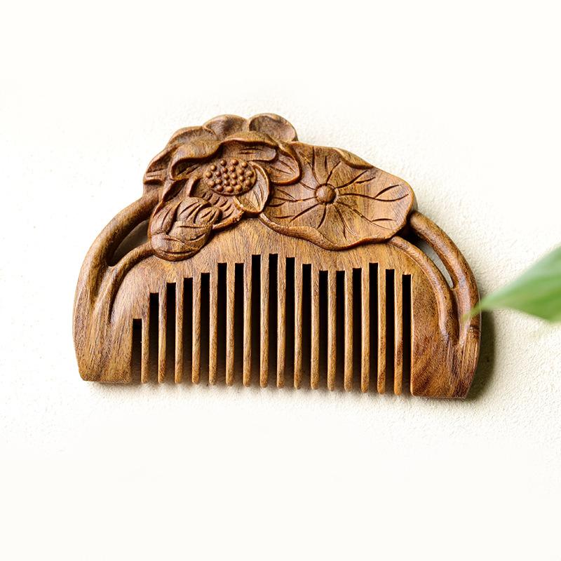 Green sandalwood comb with vintage-style carved lotus design, mini portable hair comb, holiday gift, supports engraving, suitable for a girlfriend