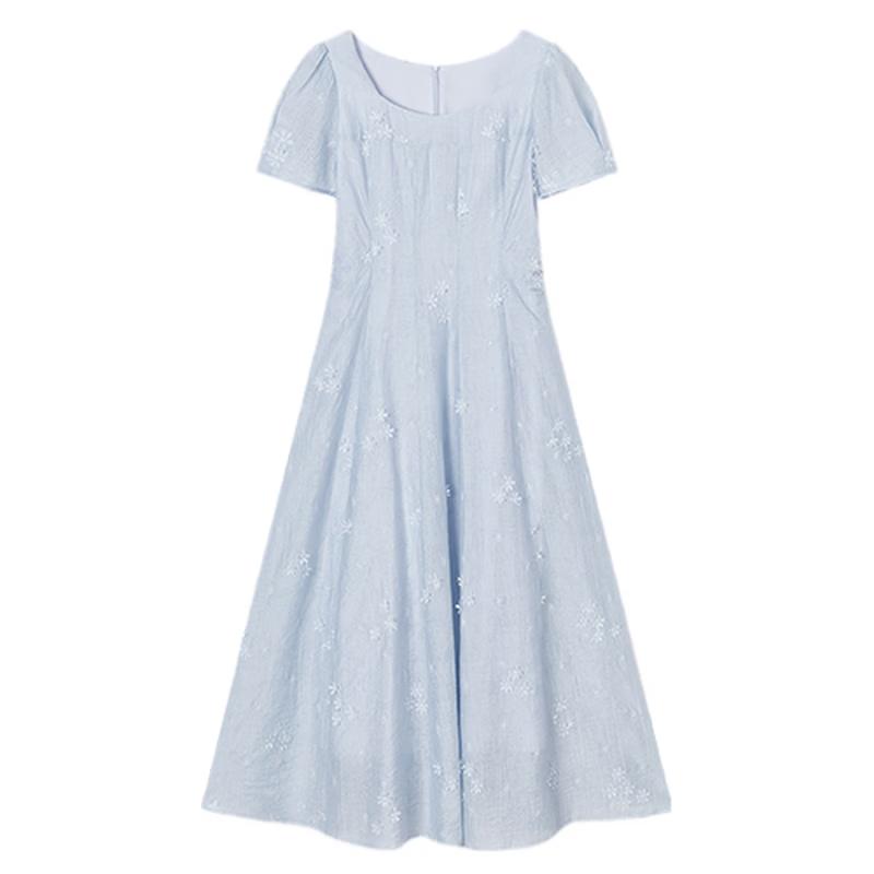 Xiangying Women's Summer Lyocell Jacquard Square Neck Midi Dress