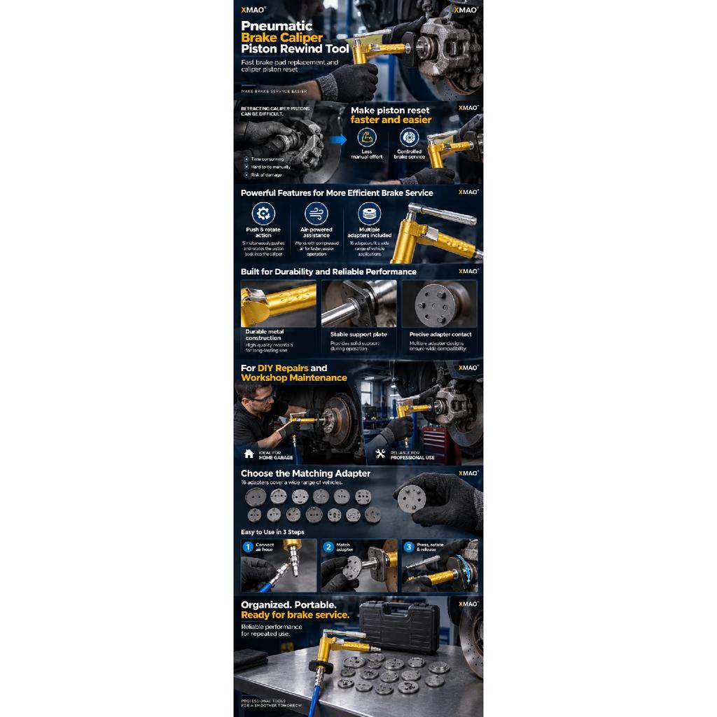 Pneumatic Brake Caliper Piston Rewind Tool Kit with 16 Adapters, Air Powered Brake Pad Replacement Reset Tool for Auto Repair