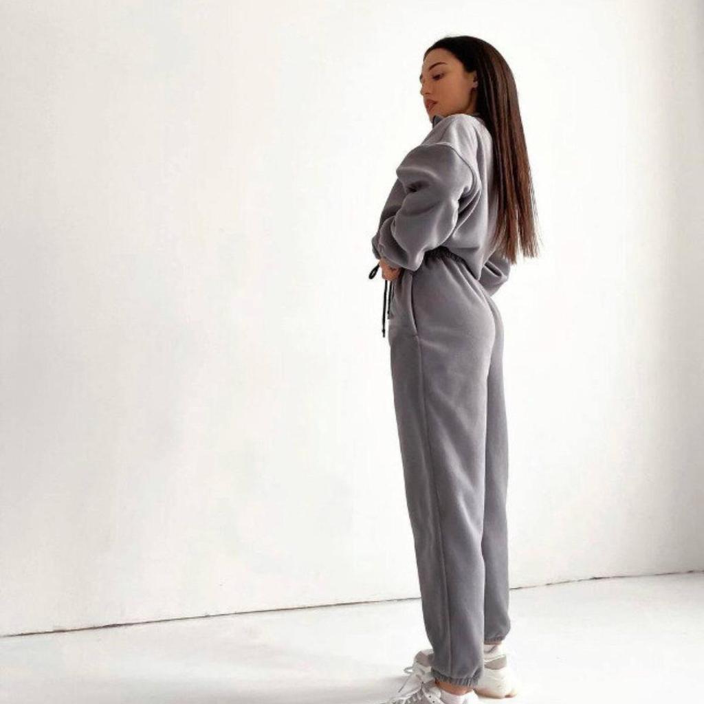 Women's Solid Color Loose Zipper Stand Collar Sweatshirt Casual 2-Piece Set - 2025 Spring/Autumn Collection