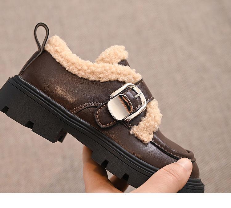 2025 Girls' Fleece-Lined Leather Loafers with Buckle, Thick-Soled Mary Janes, Brown