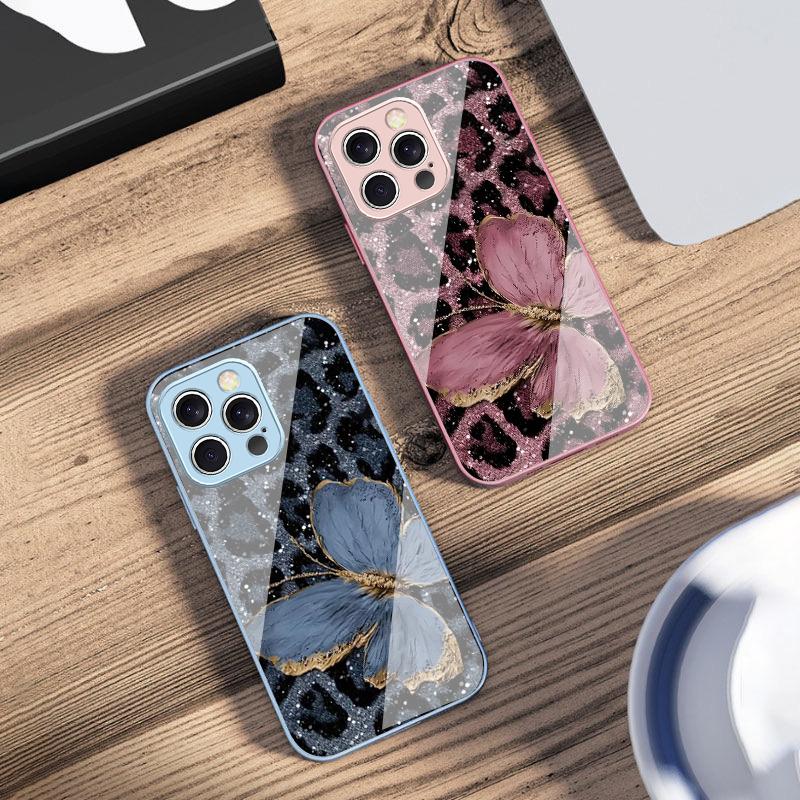 Leopard Purple Butterfly For IPhone 16 Pro Max 15 Pro 14 13 12 Mini 11 XS M ax XR 7 8 Plu SE 2022 Tempered Glass Phone Case