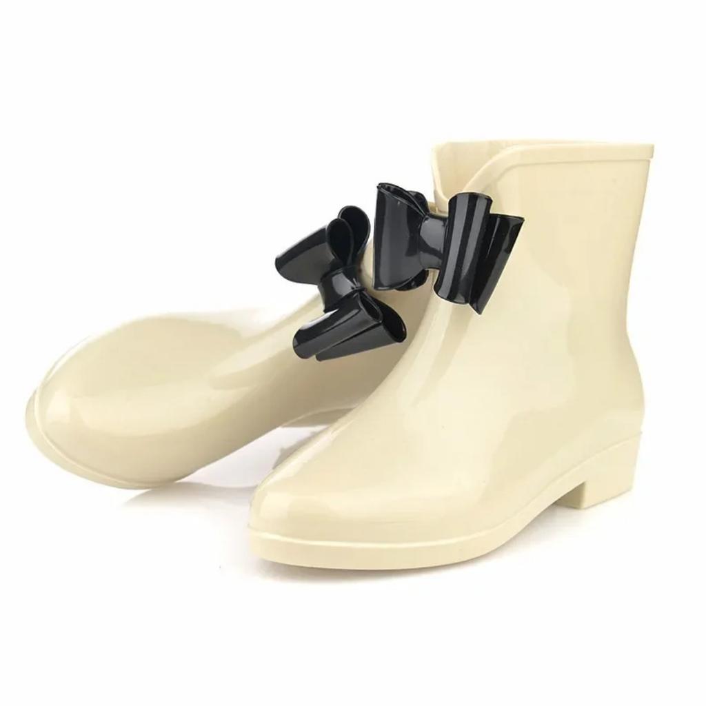 Women's Rain Shoes Short-tube Spring and Autumn Rain Boots Knot-bow Low-top Boots White-collar Waterproof Shoes Rubber Overshoes