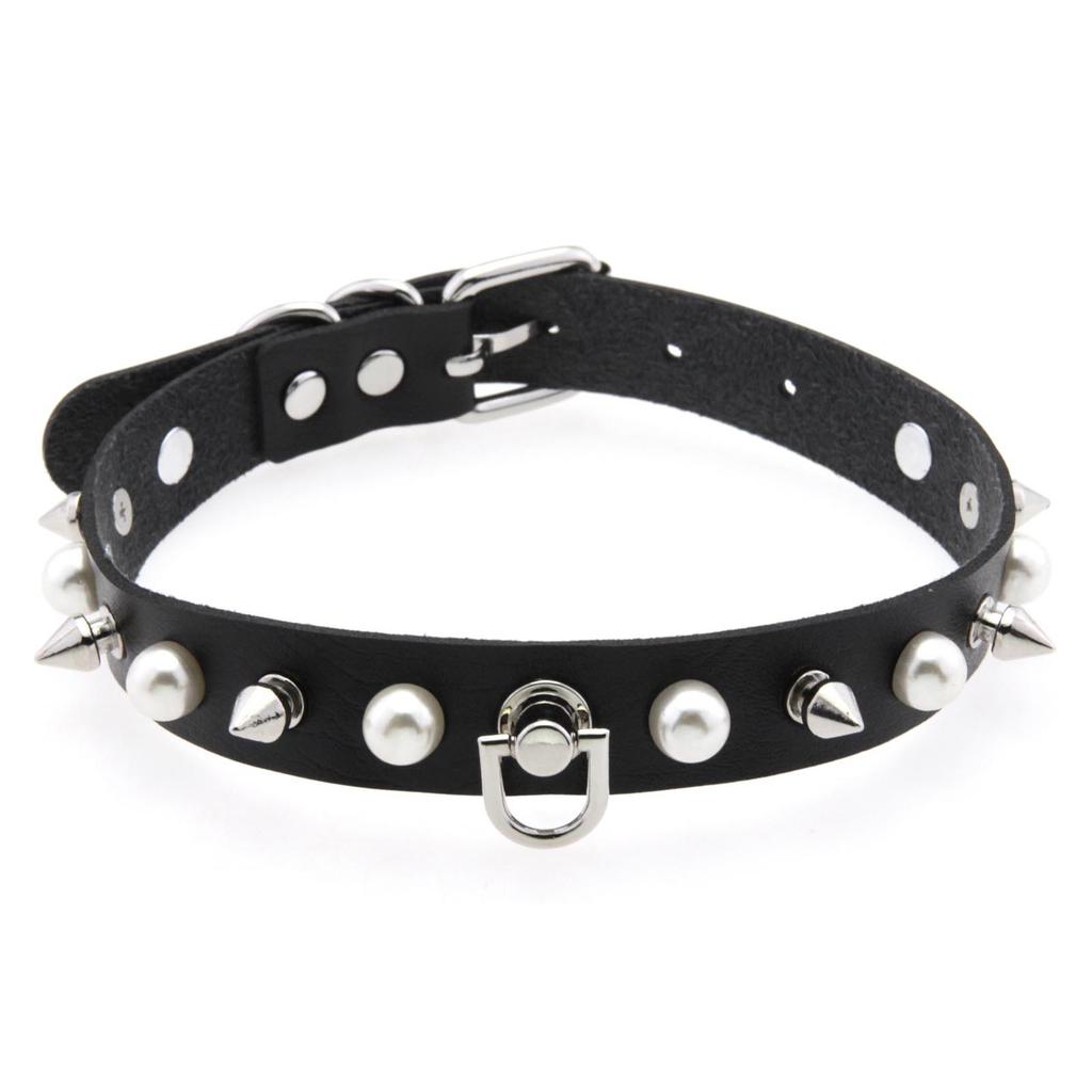 Alloy Spike D-ring Choker, Faux Pearl Rivet D Buckle Leather Clavicle Necklace
