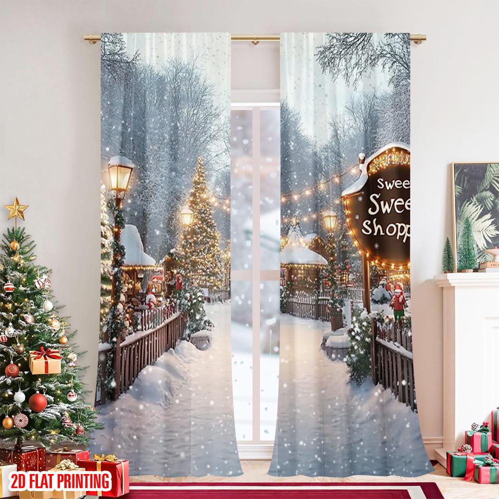 Flat Printing Christmas Scene Curtain Winter Wonderland Polyester Without Electricity Festive Wall Decor Set Of 2 Made Washable