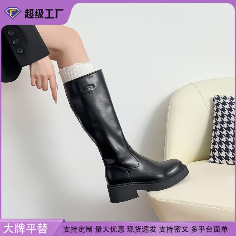 Long knight boots for women, high-end thick-soled women's boots, side zipper soft leather women's boots, British style boots for women