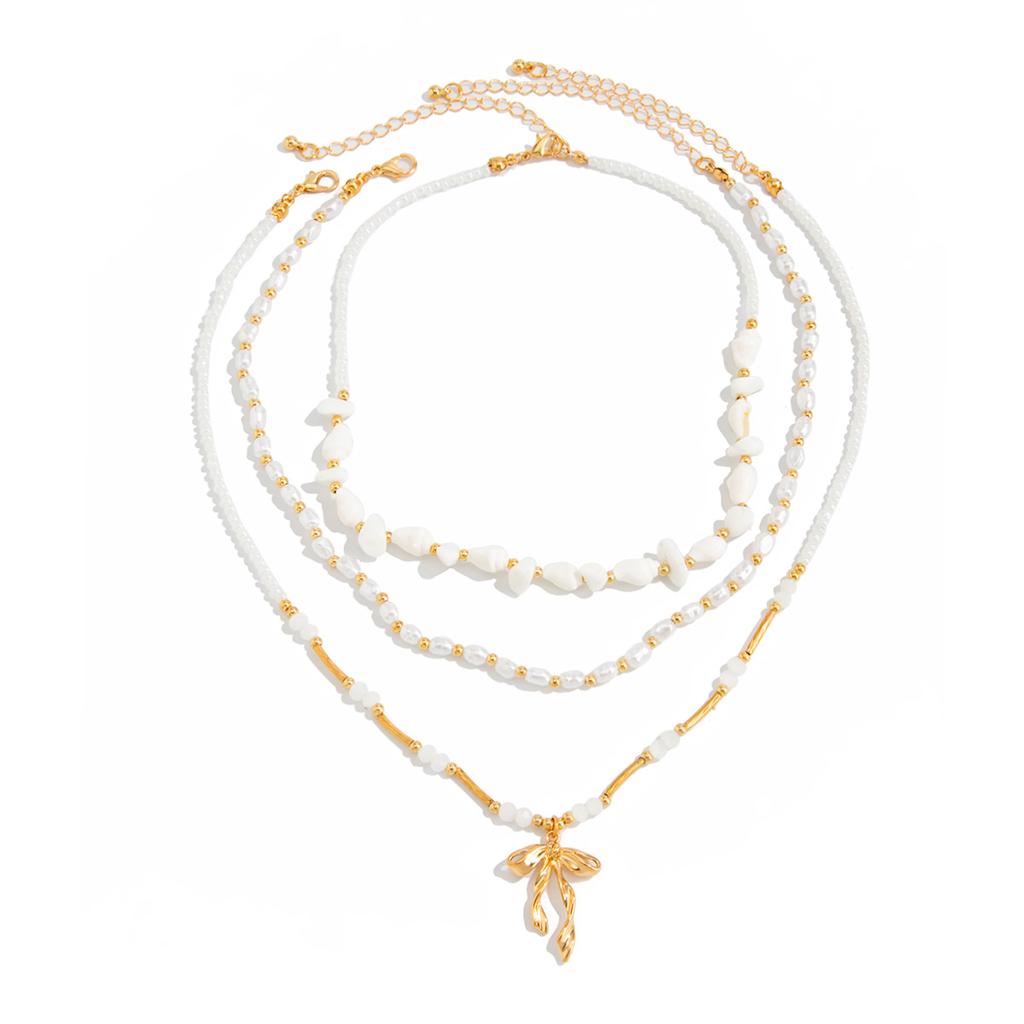Sweet And Cool Ribbon Bow Necklace, Bohemian Conch Imitation Pearl Beaded Necklace For Women