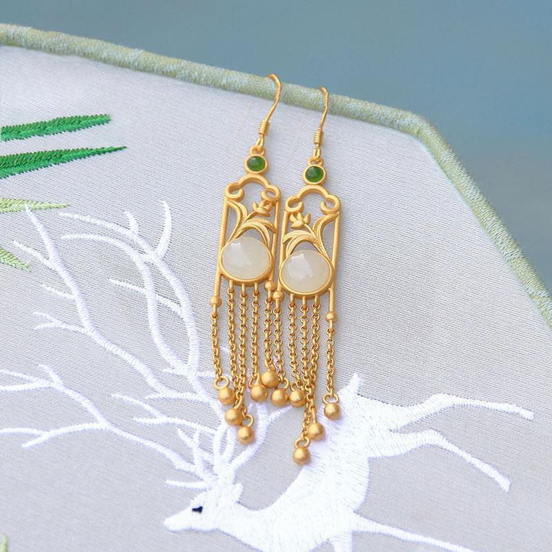 New Design Natural Hetian White Jade Round Magnolia Fringed Long Earrings Chinese Bright Retro Ladies Brand Jewelry