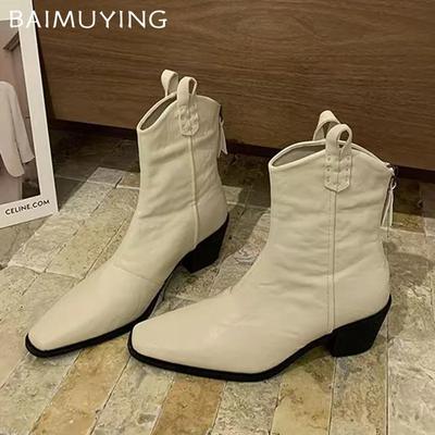 Botines Gruesos de Punta para Mujer Sexy Diseño de Tacón Medio Zapatos Tendencia 2025 Invierno Cuero Moda Zapatos de Tacón Chelsea Botas Mujer