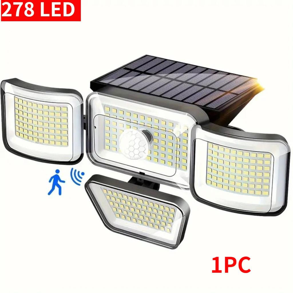 278 LED Solar Light Outdoor with 3 Modes Motion Sensor Wall Light 4 Head Solar Powered Floodlight for Yard Garden Pathway Decor
