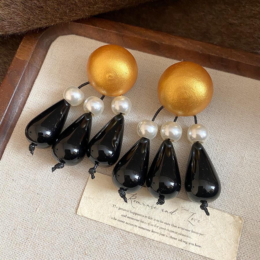 Silver Needle Round Wood Pearl Resin Water Drop Tassel Earrings Niche Retro Earrings Temperament Advanced Earrings Women