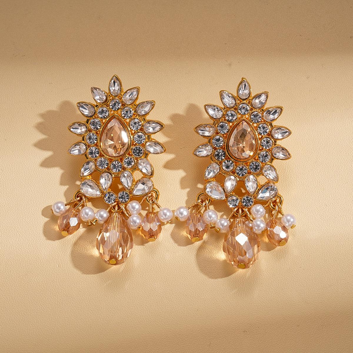 Court style diamond-set imitation pearl flower water drop silver needle earrings exquisite earrings