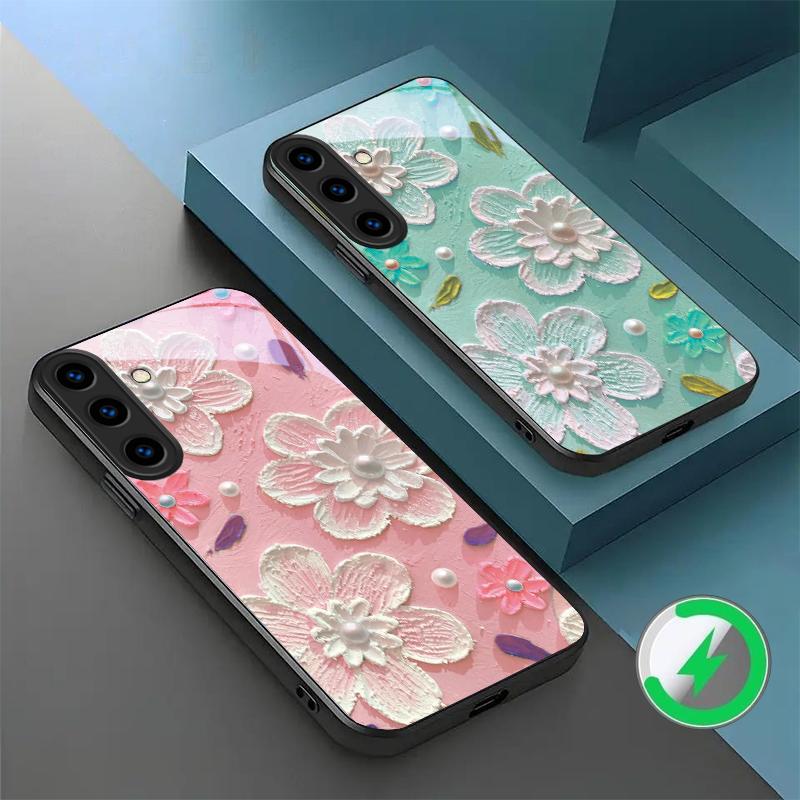 Cream rice white petals suitable for Samsung Galaxy S26 Ultra S20 FE S21 S22+ S23 Plus S24 Ultra 25 Edge black Glass Phone Casee