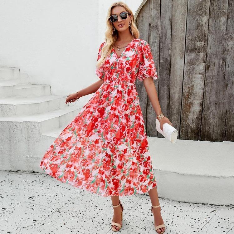 Women V Neck Waist Wrapped Floral Summer Dresses with High Sleeves