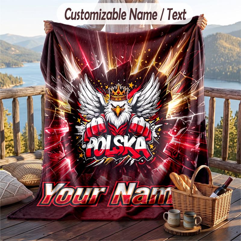Flannel Blanket Poland Football Print Custom Name Text Soft Throw for Sofa Bed