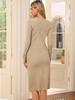 Allegra K Women's V-Neck Long Sleeve Ribbed Knit Midi Dress, Sweater Dress, Knee-Length, Solid Color, Slim Fit, Beige, Size M