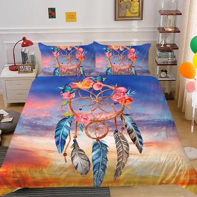 Juego de Funda Nórdica Dreamcatcher Plumas Coloridas Flores Fondo Atardecer Tamaño King Queen Cubierta de Edredón para Juego de Cama de Niñas