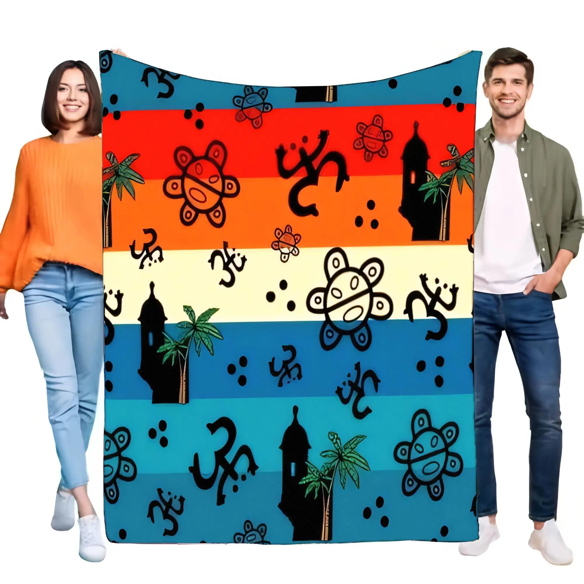 

Puerto Rico Taino Coqui El Morro Blanket, Vibrant Striped Tropical Caribbean Fleece Throw, Soft Warm Flannel Cozy Bed Sofa Home 75x90cm