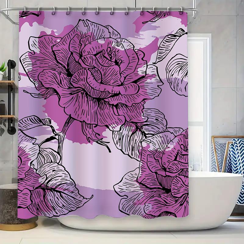 Purple Floral Shower Curtain Rose Decorative Bathroom Accessories Pink Shabby Chic Fabric Shower Curtain Set for Kids Bathrooms 90x180cm