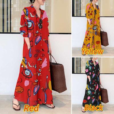 Vintage Bohemian 2024 Women's Long Sun Dress: Loose Long Sleeve Lapel with Cardigan Print