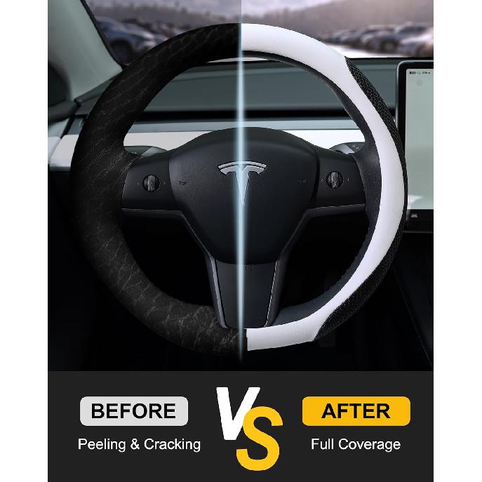 EVMODS for Tesla Steering Wheel Cover,Upgraded Leather Steering Wheel Protector fit Tesla Model Y/3 2026-2016 Juniper/Highland,Non-Slip,Breathable