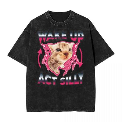Prané Trička Vzbuď se Chovej se Hravě Kočka Módní Trička Oversize Streetwear 100% Bavlna Tištěná Topy Tričko Muži Ženy