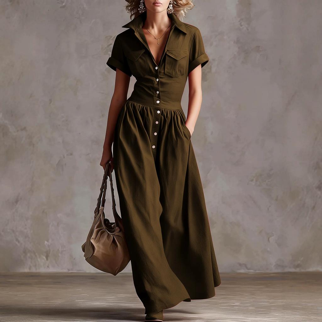 Vestido Largo Estilo Vintage para Mujer con Botones Delanteros, Manga Corta, Cuello, Casual, Maxi Vestido con Diseño Occidental y Detalle de Bolsillo