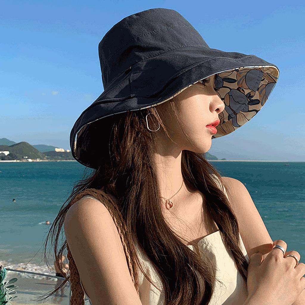 Fashion Double Side Bucket Hat for Women Summer Cotton Floral Print Wide Brim Sunshade Basin Cap Girls Travel Beach Outdoor Hat