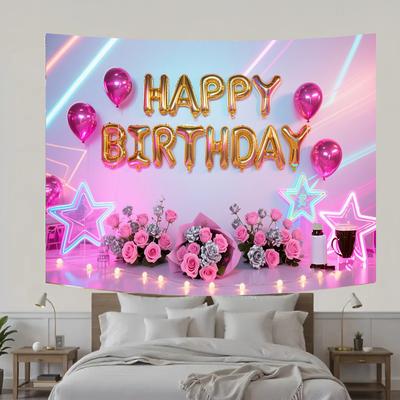 Balloons,Flowers,Stars Theme-Happy Birthday Backdrop Polyester for Photo Booth,Party Event,Indoor/Outdoor Celebrations