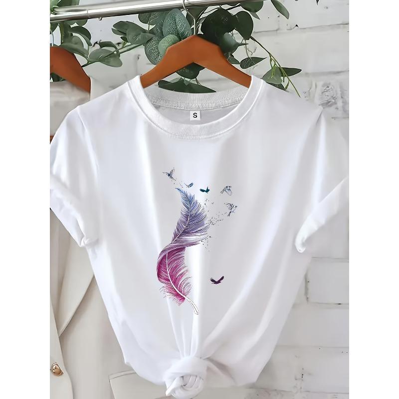 

Европейские размеры Женская белая футболка с принтом букв - Короткий рукав, Круглый вырез, Повседневный топ с графическим дизайном и птицей, Средняя эластичность, Машинная стирка S белый