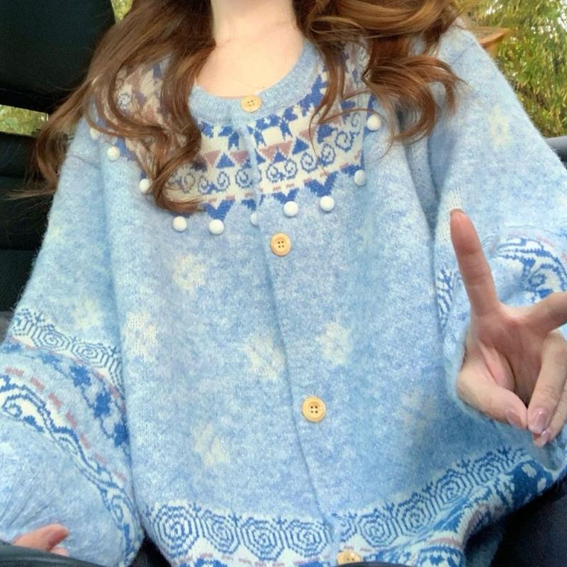 Jacquard Women's Sweater Blue Round Collar White Pom-poms Long Sleeved Cardigan Korean Version Autumn New Style Sweet Female Top