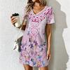 Summer Fashion Women's V Neck  Niche Print Printed  Dress Sex Short Skirt Dresses
