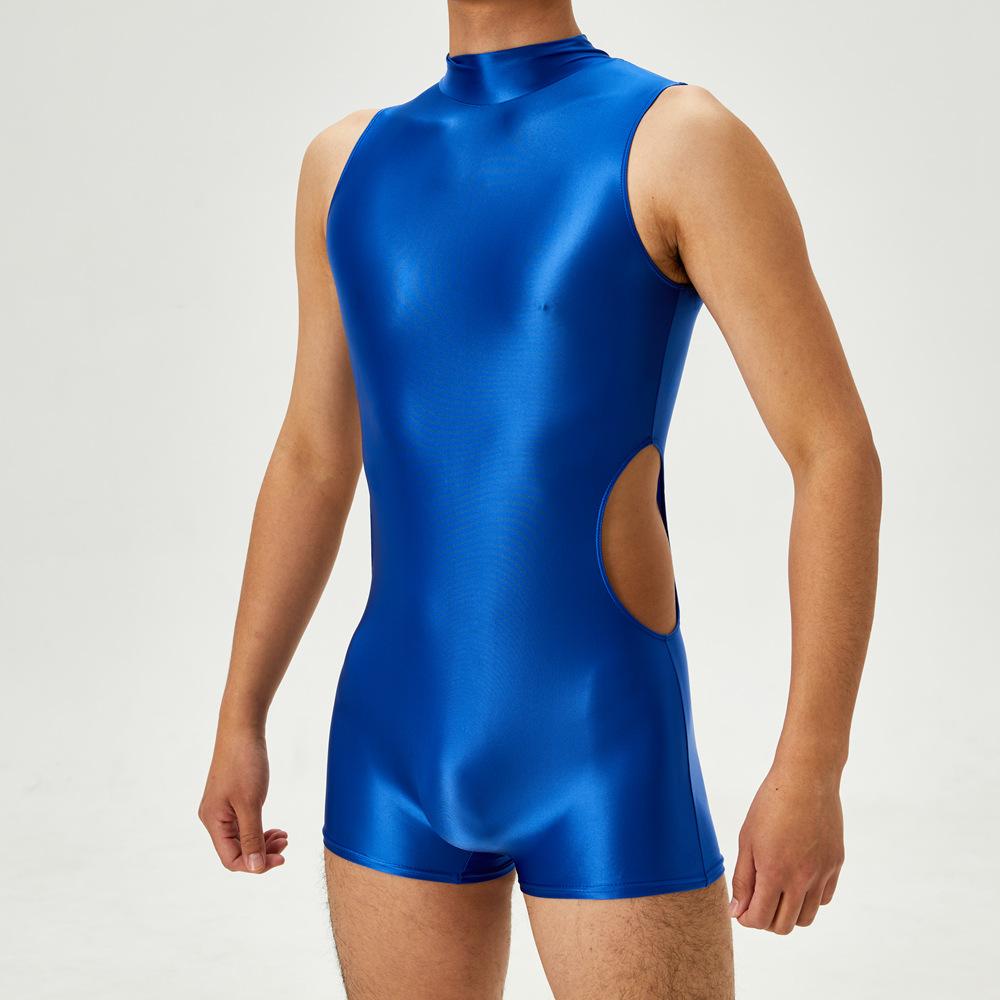 Sexy Herren-Einteiler Ausgeschnittenes Bodysuit Unisex Strumpfhose Elastisches Leotard Öl Glänzend Glatt Leotard Formgebender Jumpsuit
