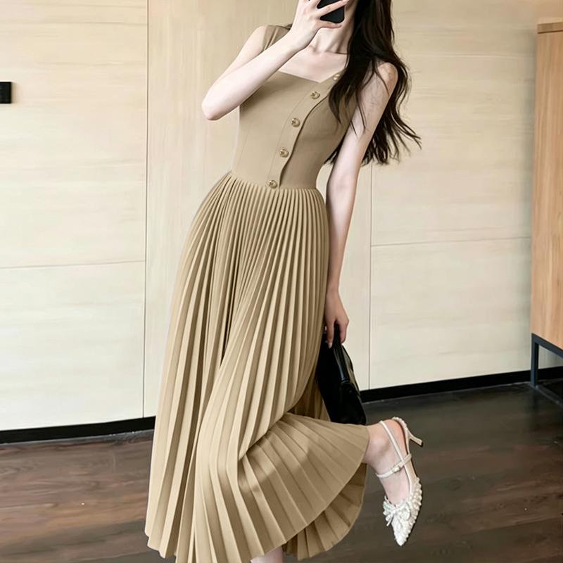 ZANZEA Women Casual Round Neck Solid Color Sleeveless Pleated Dress S