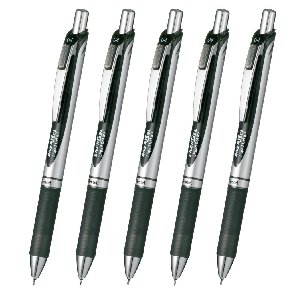 Pentel Energel Gel Ink Ballpoint Knock Silver 5 Pens Pen, Type, 0.4mm, Barrel, XBLN74-A, Black,